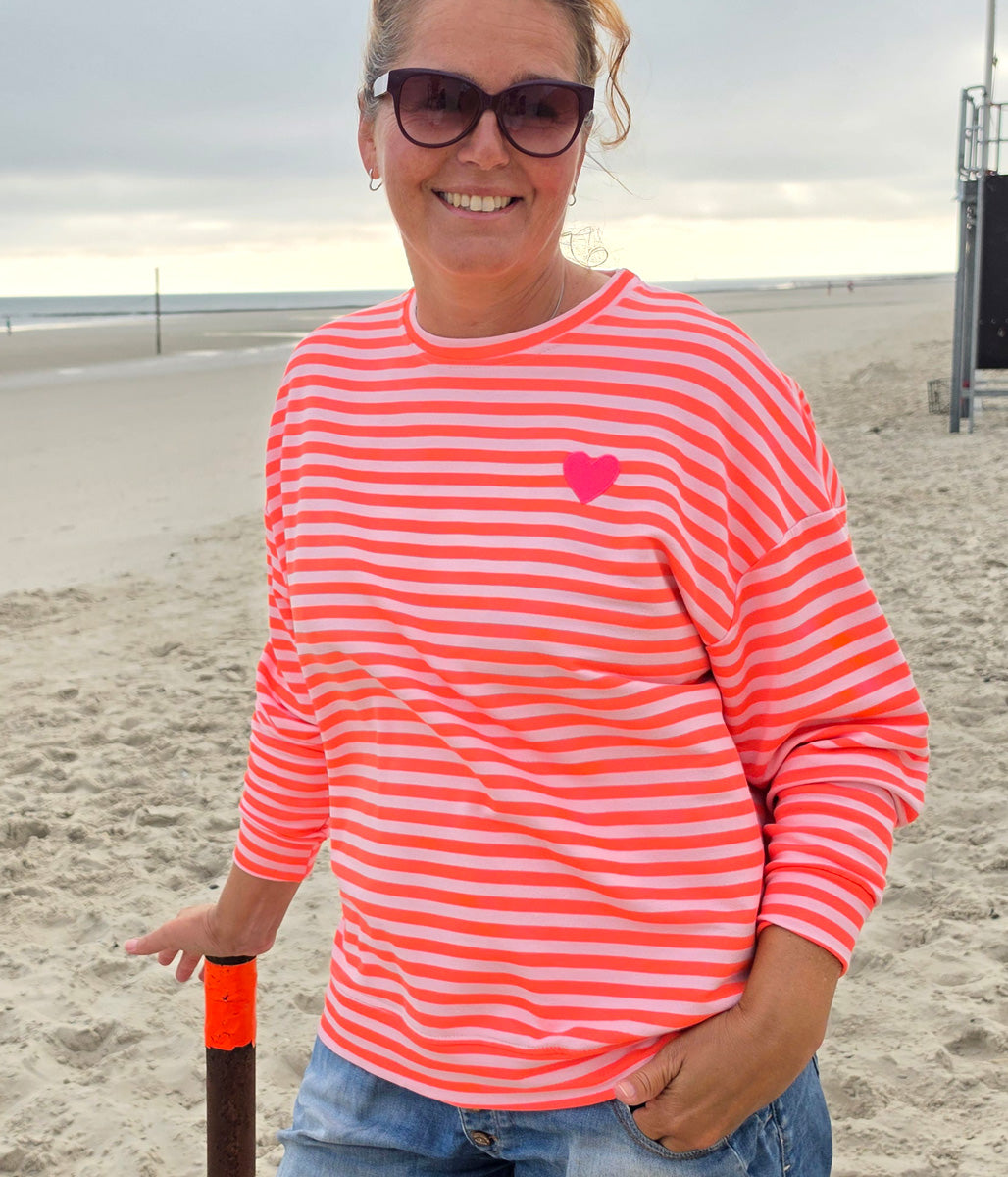 Streifen-Sweater "HERZ" – ROSA - NEON-CORALLE