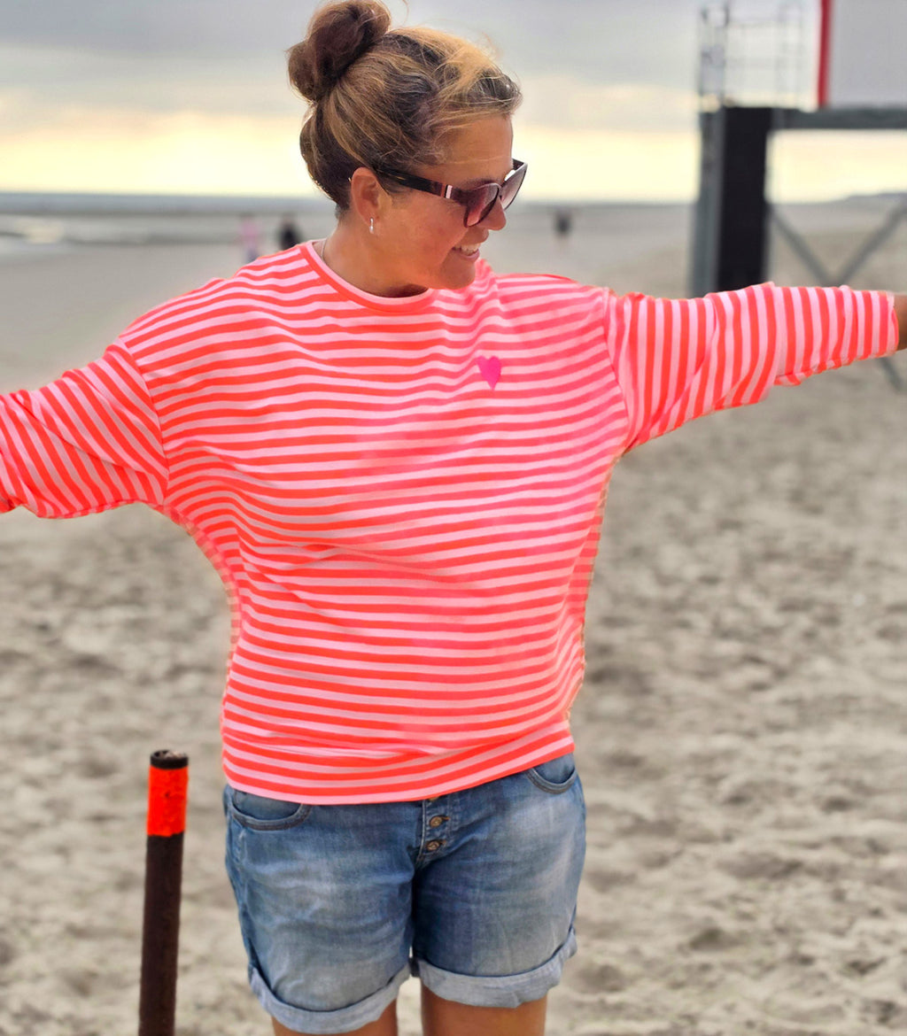 Streifen-Sweater "HERZ" – ROSA - NEON-CORALLE